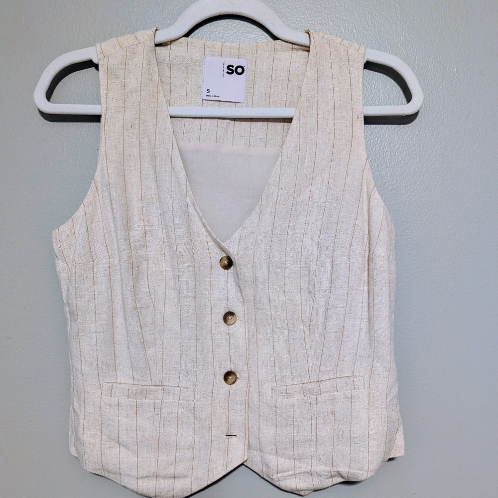 SO Beige Pinstripe Vest with Brass Buttons Size Small
